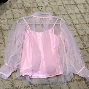 Pink Sheer Pearl Embellished Blouse